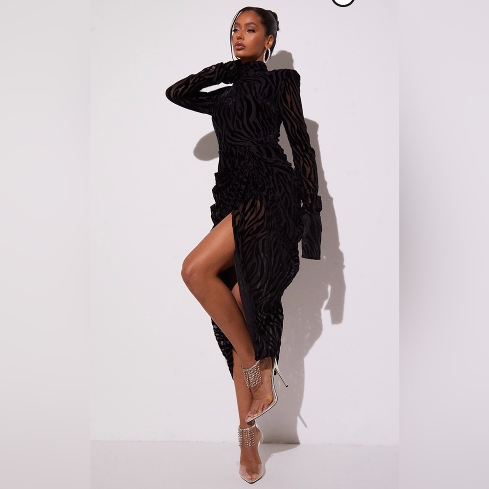 Black Zebra Devore High Neck Draped Midi Dress